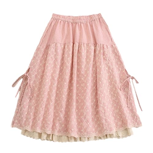 Falda acampanada de estilo japonés para mujer, con bordado a cuadros, de algodón y lino, estilo casual, Pnnrk, Altoa única