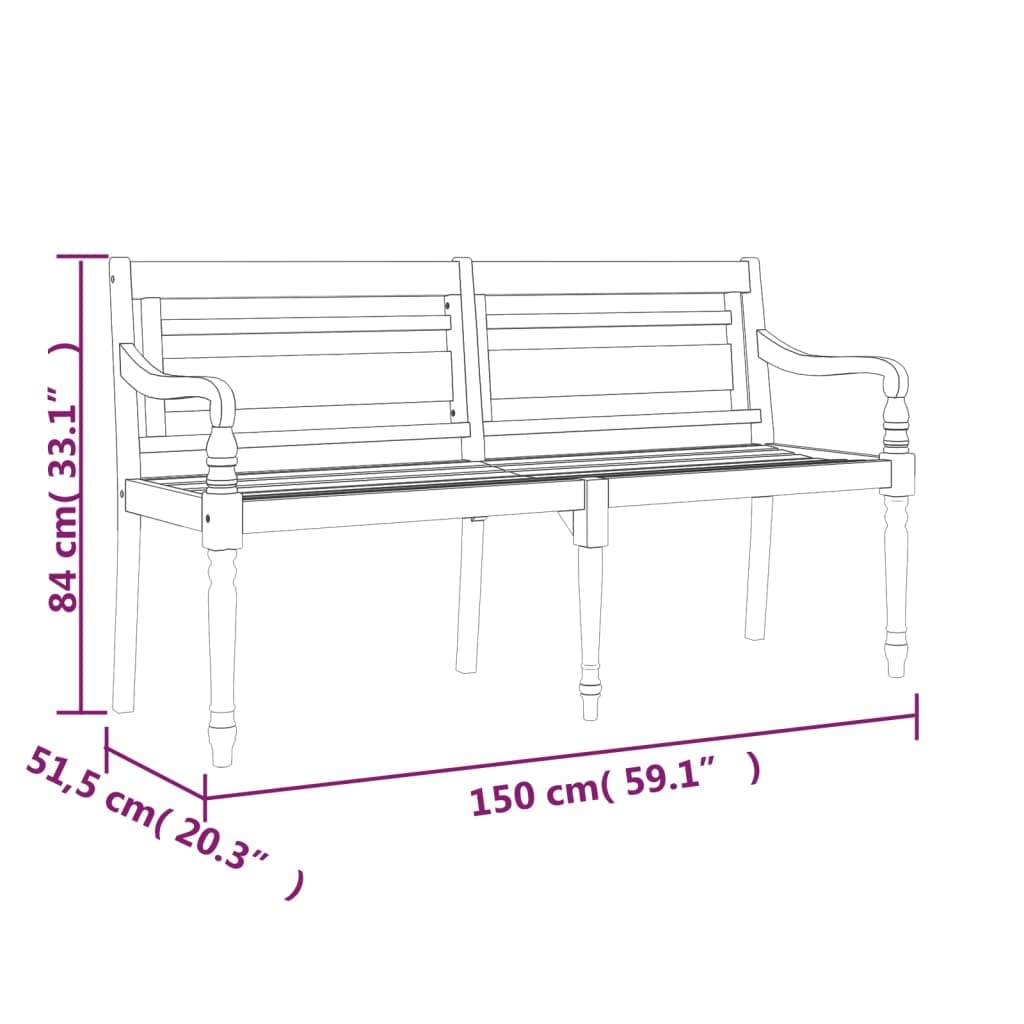Batavia drewniana ławka z poduszką w kolorze królewskiego błękitu 150 cm, lite drewno tekowe do ogrodu, ławka do siedzenia z podłokietnikami i oparciem, eleganckie wzornictwo do użytku na