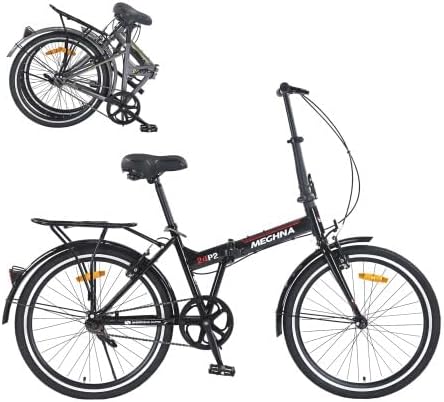 24 Inch Folding Bike for Adults with Fenders, Steel Frame Single Speed City Commuter, Dual V-Brake Portable Compact Bicycle for Men & Women