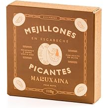 Maruxaina. Mussels in Spicy Escabeche with Spanish Olive Oil. 8/12 pieces. 110g 3.88oz. Pack of 12.