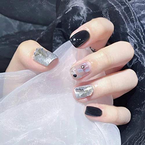 Vogee Glossy Shinny Shell Color Jump Short Square Fake Nails Removable Wear Press on Full Coverage Acrylic Ballerina False Nails Art Tips for Girls and Women (Black Silver)