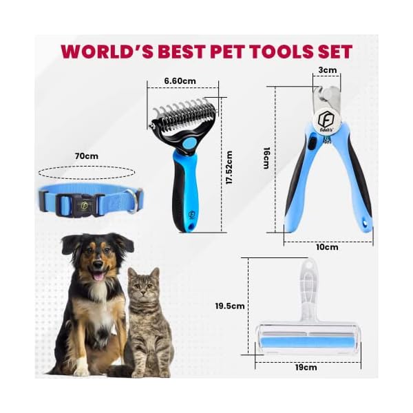 fideh’s 4-In-1 Pet Supplies-Reusable Cat and Dog Hair Remover Brush+Pet Grooming Double Sided Shedding Brush+Pet Nails Clippers &Trimmers+Razor Sharp Blade+Nylon Pet Collar for Medium Dogs (4Pcs Blue) fideh’s 4-In-1 Pet Supplies-Reusable Cat and Dog Hair Remover Brush+Pet Grooming Double Sided Shedding Brush+Pet Nails Clippers &Trimmers+Razor Sharp Blade+Nylon Pet Collar for Medium Dogs (4Pcs Blue)