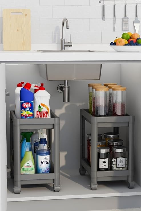 Orret Home 2 Katlı Tekerlekli Tezgah Altı Raf Organizer Düzenleyici Raf Ünitesi, Evye Altı Dolap İçi Düzenleyici, Mutfak Banyo Deterjanlık Şampuanlık Sebzelik,Taşınabilir Saklama Rafı (Gri)