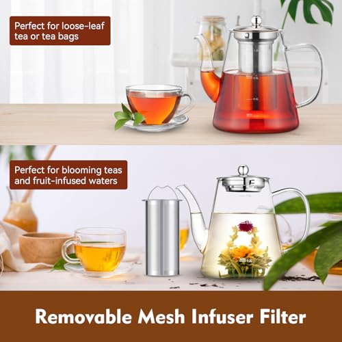 Image of Glass Teapot, 1200ml (40oz) Tea Pot with Infuser for Loose Tea and Blooming Tea, Stovetop Safe Tea Kettle, Hand Crafted Borosilicate Glass Tea Maker with Scale Line, Tea Gift Set for Tea Lovers