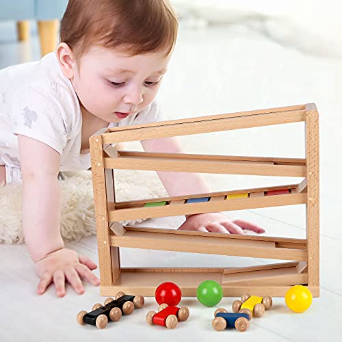 Qilay Wooden Race Track Car Ramp Racer Toy for Toddlers, 5 Level Race Car Ramp Toy Set Includes 4 Wood Cars and 3 Balls,Great Building Learning Toys or 3+ Years Old Boy and Girl - Thumbnail 6