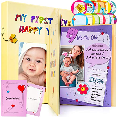 Baby Memory Book for Girls and Boys - First Five Years Photo Album, Baby Scrapbook, Babys First Year Keepsake Journal - Table of Contents & Bookmark - Baby Memories Book Gift Box and Baby Shower Card