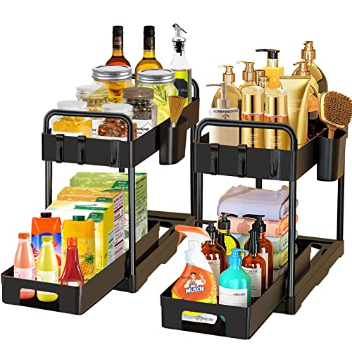 Freontus Under Sink Organizer, 2 Pack 2 Tier Sliding Under Sink Organizers and Storage with Hooks Cups Handles, Multi-use Under Sink Storage Cabinet Organizer shelf for Bathroom Kitchen Counter Freontus Under Sink Organizer, 2 Pack 2 Tier Sliding Under Sink Organizers and Storage with Hooks Cups Handles, Multi-use Under Sink Storage Cabinet Organizer shelf for Bathroom Kitchen Counter
