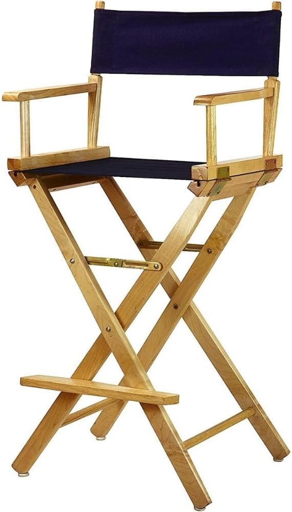 30 Inch Bar-Height Director’s Chair Sturdy Oak Wood Frame with Navy Fabric Seat Folding Tall Stool for Kitchen Island Portable High Chair for Patio Home Events