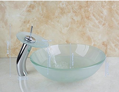 Vasque à poser ronde en verre trempé givré avec mitigeur cascade chromé de salle de bain