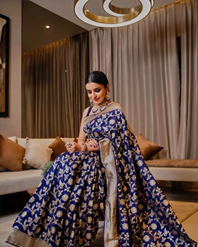 Image of Flosive Women's Present Banarasi Soft Lichi Silk Saree Beautiful Jacquard Rich Pallu Design Work Zari Woven Ayn Kanjivaram Silk Style Saree With Soft Lichi Silk Blouse Piece (Dark Blue)