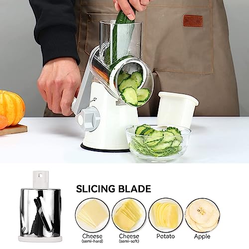 Rotary Cheese Grater Vegetable Shredder With Handle Round Kitchen Mandoline Slicer Grater For Nuts, Vegetable, Chocolate, Chesse - White - 3 Replaceabe Stainless Steel Blades #TOP3