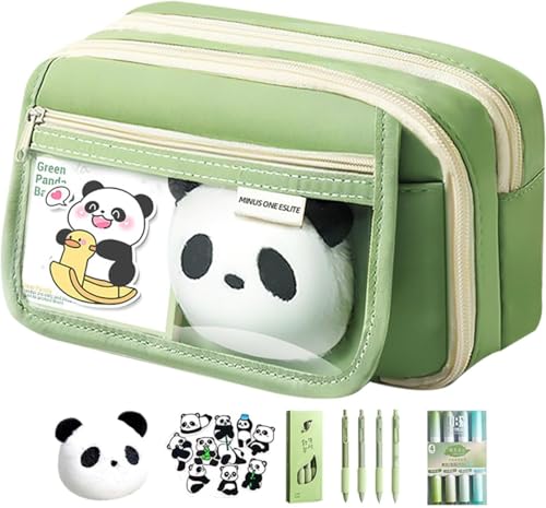 Dlwk カワイイパンダペンシルケースステーショナリー、大人向けの大容量多機能美的鉛筆ポーチ文房具オーガナイザー、ンバッグ、ジェルインクペン、クリップ、ステッカー、ピン付き