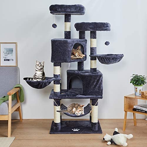 MSmask - Arbre à chat stable à plusieurs niveaux - Pour grands chats - Avec grande grotte, troncs en sisal naturel - Gris foncé - 145 cm Cover
