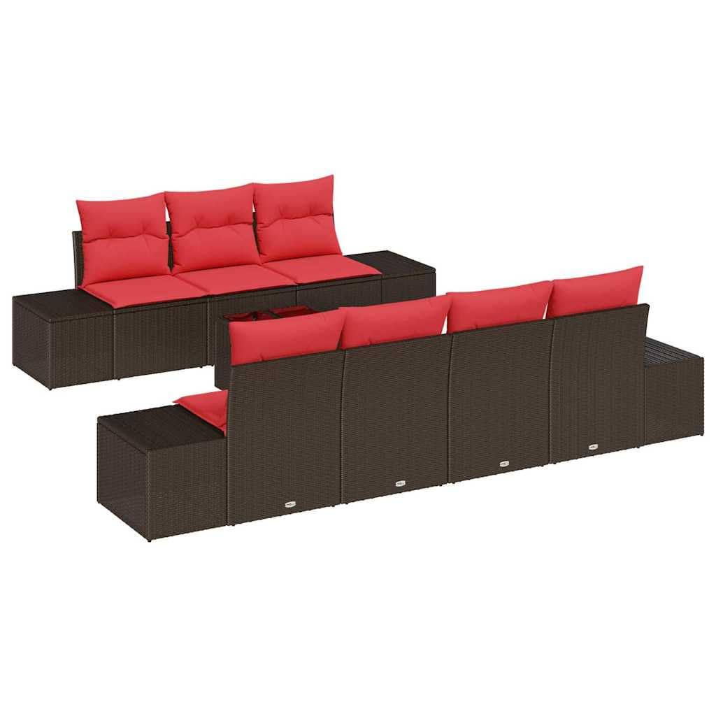 Ensemble de Canapé de Jardin 8 Pièces en Polyrotin Marron, Salon de Jardin Modulable avec Table en Verre Trempé et Coussins Déhoussables pour Terrasse, Patio et Espaces Extérieurs