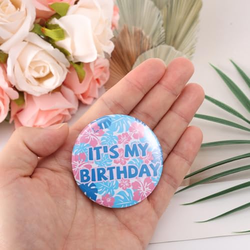 It’s My Birthday Button, 2.3in Happy Birthday Badge Pin with Hibiscus Blossom & Palm Leaf Design for Boys Girls Men & Women Party Badge Brooch Decorations Supplies (Pink, Blue)3