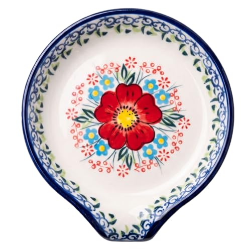 Image of Spoon Rest for Stove Top, 5 inch Hand-Painted Red Flower Spoon Holder