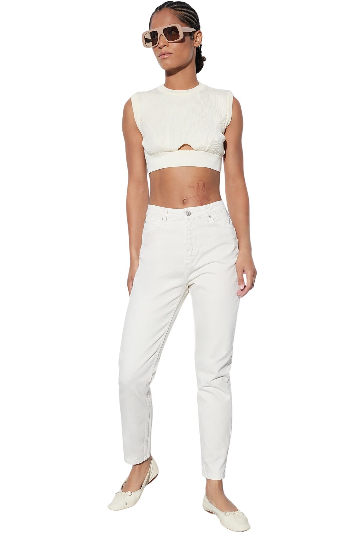 Trendyol Damen Beige High Waist Mom-Jeans Jeans, 34 Eu