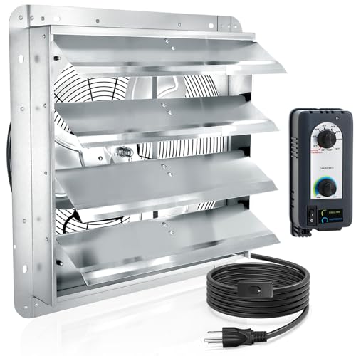 18 inch Shutter Exhaust Fan with Speed & Thermostat Control, 2600 SQ. Ft Coverage Area, 2500 CFM, Upgrade Powerful Wall Mount Attic Vent Fan for Greenhouse, Garage, Chicken Coops Ventilation Fans