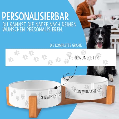OWLBOOK Wunschtext Pfoten Futternapf personalisiert Hundenapf mit Namen oder Wunschtext Doppelnapf aus Keramik mit Bambus Gestell Futternapf Napf Wassernapf Keramik, Bambus 300 ml