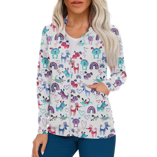 Scrub Jackets for Woman Zip Up Long Sleeve Tops Print Plus Size Womens Scrubs for Women Nursing Shirts with Pockets