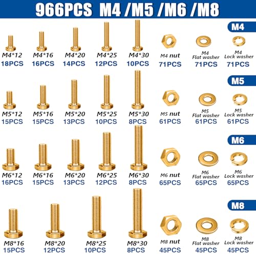 Image of Taiss 966pcs Grade 8.8 Metric Bolt Assortment,Metric Bolts and Nuts Assortment,Bolt Kit M4 M5 M6 M8(12-30mm) Heavy Duty Hex Bolts and Nuts Kit Flat /Lock Washer Yellow Zinc Plated,with Handheld Box