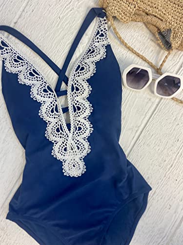 Destination One Piece Swimsuit, Plunge Neck with Crochet Trim, Bathing Suit for Women4
