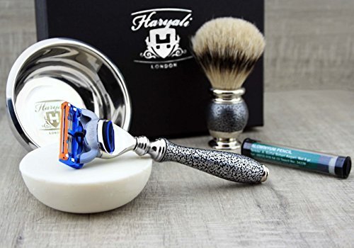 Haryali London Silver Antique męski zestaw do golenia z 5-kątnym brzytwą, szczotka do włosów borsuka, miseczka do golenia, mydło do golenia i sztyft z ałunem