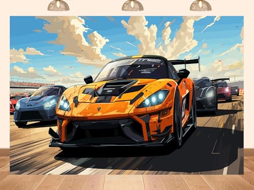 PEKRU 6x4ft Fabric Racing Sports Car Photo Backdrop, Orange and Black Race Track Scene Photography Background for Birthday Party Video YouTube Festival Events