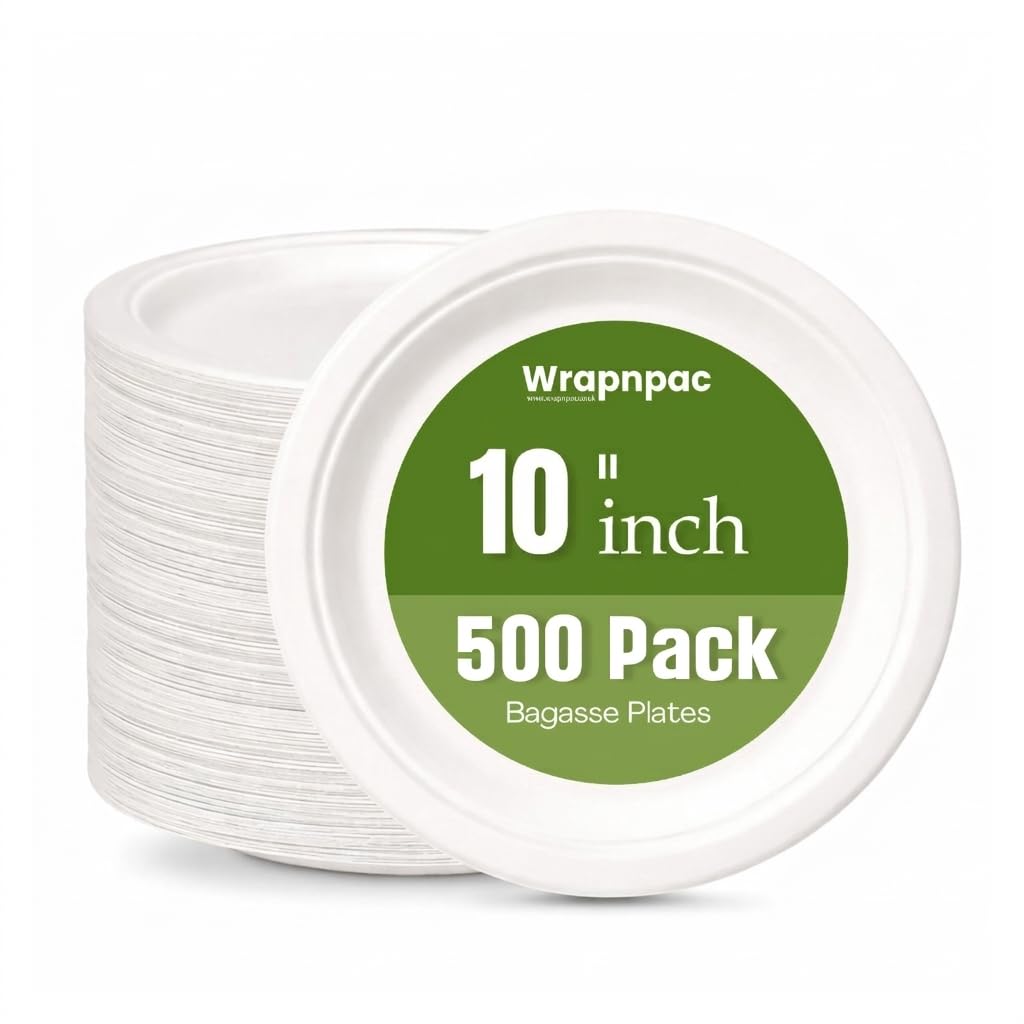 Wrap n Pac 10inch Round Disposable Biodegradable Bagasse Sugarcane Wedding Party Plates Eco Friendly Tableware Plates (10 Inch - Pack of 500)