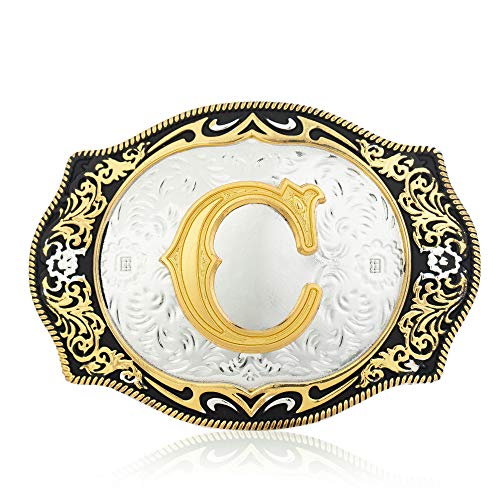 xinqida Vintage Fashion Western Belt Buckle A to Z Initial Letter Cowboy Belt Buckles for Men, C Gold Black, Large