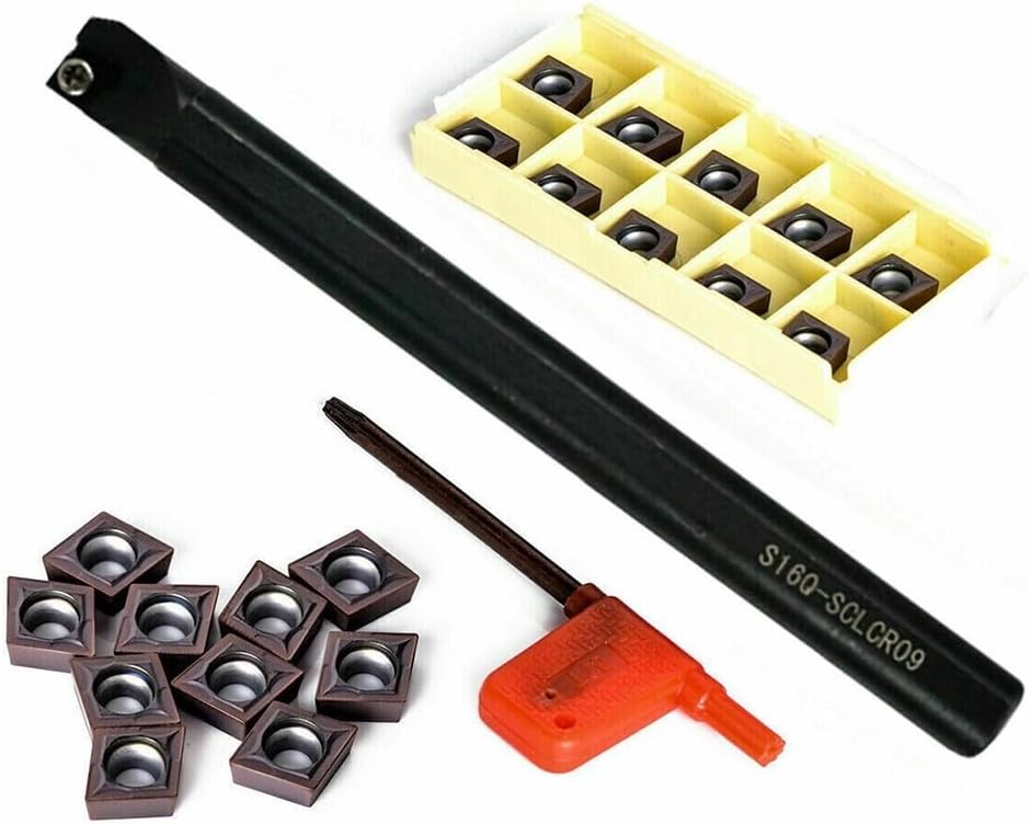 S16Q-SCLCR09 Boring Bar Turning Tool Lathe Holder Set With 10 CCMT09T304 Inserts, 16Mm Shank Diameter, 180Mm Handle Length, Alloy Steel Construction