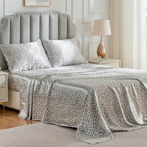 FreshCulture Satin Sheets Full Size - 4 Piece Luxury Soft Silky Full Size Bed Sheets, Similar to Silk Bed Sheet Set with 1 Deep Pocket Fitted Sheet, 1 Flat Sheet & 2 Pillowcases (Leopard)