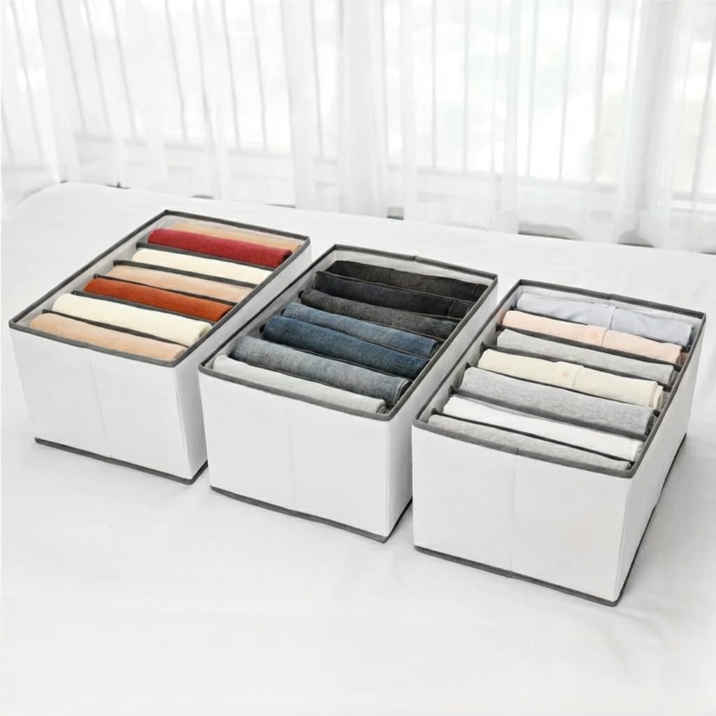 7-Slot Clothes Organizer Set of 3, Foldable Fabric Storage Boxes for T-Shirts, Jeans & Shirts, Drawer & Wardrobe Organizer (White)