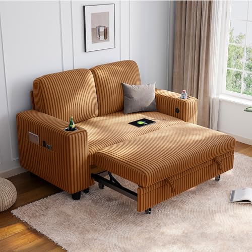 Image of LINSY HOME Loveseat Sofa with Pull Out Couch Chaise: 2-in-1 Convertible 2 Seater Sofa with USB Charging & Cup Holders, Comfy Plush Corduroy Love Seat for Small Spaces Living Room Apartment, Brown