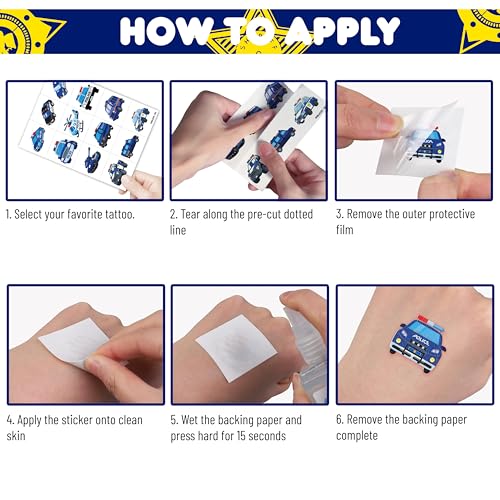 Image of 96 PCS Police Pre-Cut Temporary Tattoos for Kids Birthday Party Favors | Police Car Officer Policeman Theme Party Supplies, Decorations, Fake Tattoo Stickers, School Rewards & Gifts Boys & Girls