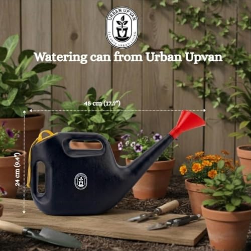 Image of Urban Upvan Watering Can 5L (Black) with 500g Vermicompost | Plastic Garden Water Can with Sprinkler Spout | Lightweight, Durable, Ergonomic Handle | Indoor Outdoor Plant Care