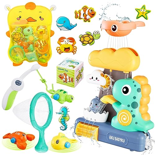Image of EKUEASYKU Dinosaur Bath Toys for Toddlers Shower Bath Time Fishing Games with Ocean Animals Dice Bathtub Toys Tub Gift for Baby Kids Infant Girls Boys