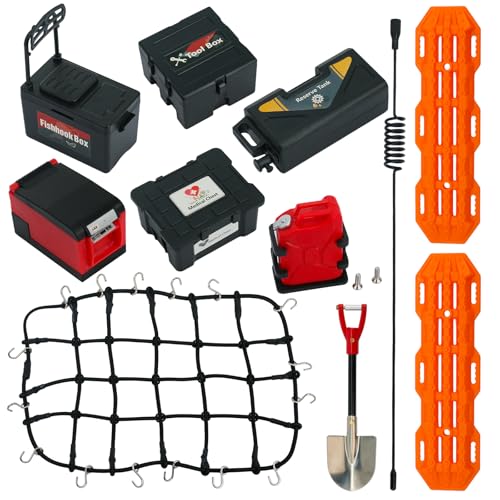 RC Crawler Roof Rack Accessories Set Simulation Luggage Net/Fuel Tanks/Shovel/Recovery Boards/Fishing Boxes Tool Case/Antennas Compatible with Traxxas 1/10 TRX4 TRX6/Axial SCX10/Redcat Gen7 Gen8