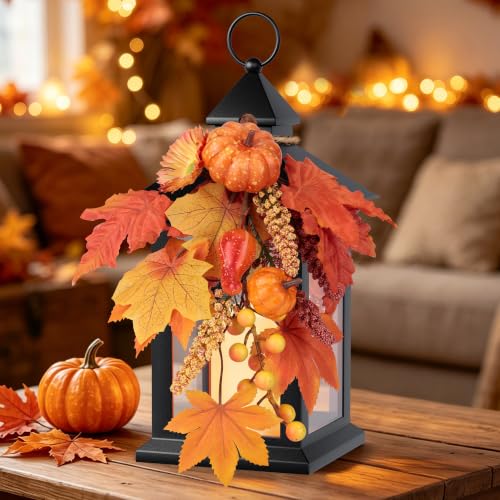 Image of Fall Lanterns Decorative Indoor, 14 inch Autumn Decor Black Outdoor Lantern | Battery Operated, Waterproof Harvest Lantern with Timer Candle, Thanksgiving Decorations for Porch, Patio, Entryway, Mantel
