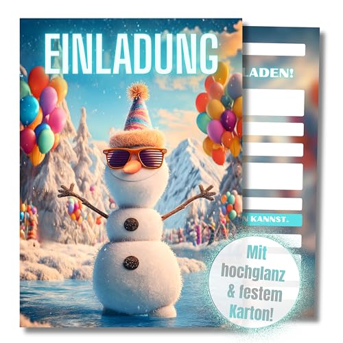 HIDEBLOOM Schneemann Einladungskarten Kindergeburtstag Mädchen und Junge - 12 Stück - DIN A6 (10,5 cm x 14,8 cm) - Geburtstagseinladungen Einladungskarten Geburtstag - Einladung Schneemann Winter