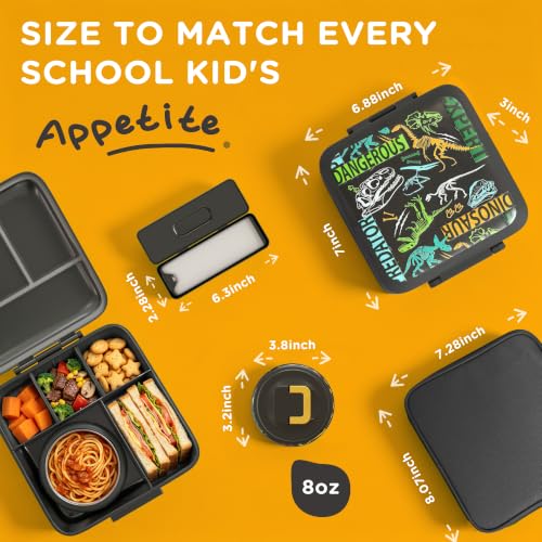 Image of JXXM Bento Lunch Box for Kids With 8oz Soup thermo,Leak-proof Lunch Containers with 5 Compartment,thermo Food Jar and Lunch Bag, Food Containers for School (A-Black(Dinosaur Fossil))