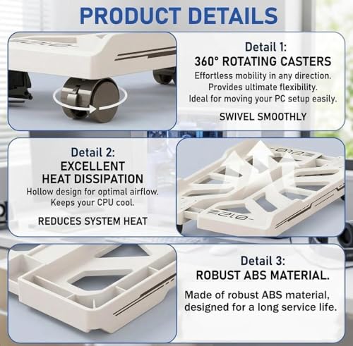 Support PC mobile blanc avec roues pour unité centrale et accessoires de bureau