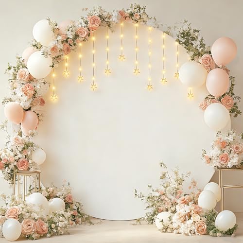 Patioman 7.2FT Round Backdrop Cover with Fairy Lights for Wedding Arch Stand Wrinkle-Resistant Circle Balloon Arch Cover with LED Lights for Wedding Birthday Party Baby Shower Ceremony Decor White