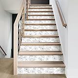 Flortlias 15Pcs Peel and Stick Stair Riser Decals Vinyl Floral Stair Sticker Leather Textured Wallpaper, Sketch Floral with White Background, 39.37'x7.09'
