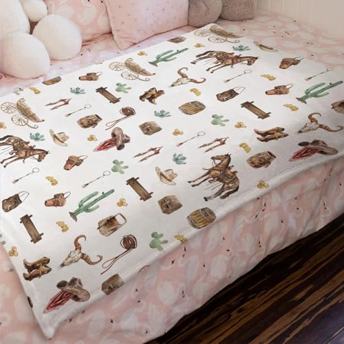 Image of Western Cowboy Baby Blanket for Boys Cowboy Hat Boots Coins Cactus Horse Flannel Swaddle Blanket Soft Receiving Blankets Newborn Toddler Nursery Bed Blankets Stroller Crib Playmat 30x40