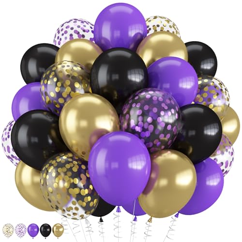 Image of Purple and Gold Balloons, 12 Inch Black Purple and Gold Confetti Balloons for Graduation Prom Halloween Baby Shower Wednesday Retirement Birthday Party Decorations