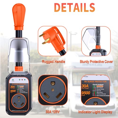 Image of GEARGO RV Surge Protector 30 Amp, 9500 Joules RV Circuit Analyzer, IP68 Surge Voltage Protection, RV Adapter Plug for Camper (Orange)
