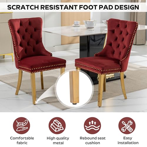 Image of 5-Piece Dining Table Set with 47In Tempered Glass Table and 4 Velvet Upholstered Chairs, Modern Scandinavian Furniture for Dining Room Kitchen(Burgundy&Gold)