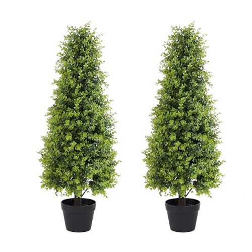 3ft Artificial Boxwood Topiary Tree 36in, Faux Topiary Outdoor, Topiary Trees Artificial Outdoor Plants Decor, Set of 2 Light Green 3ft