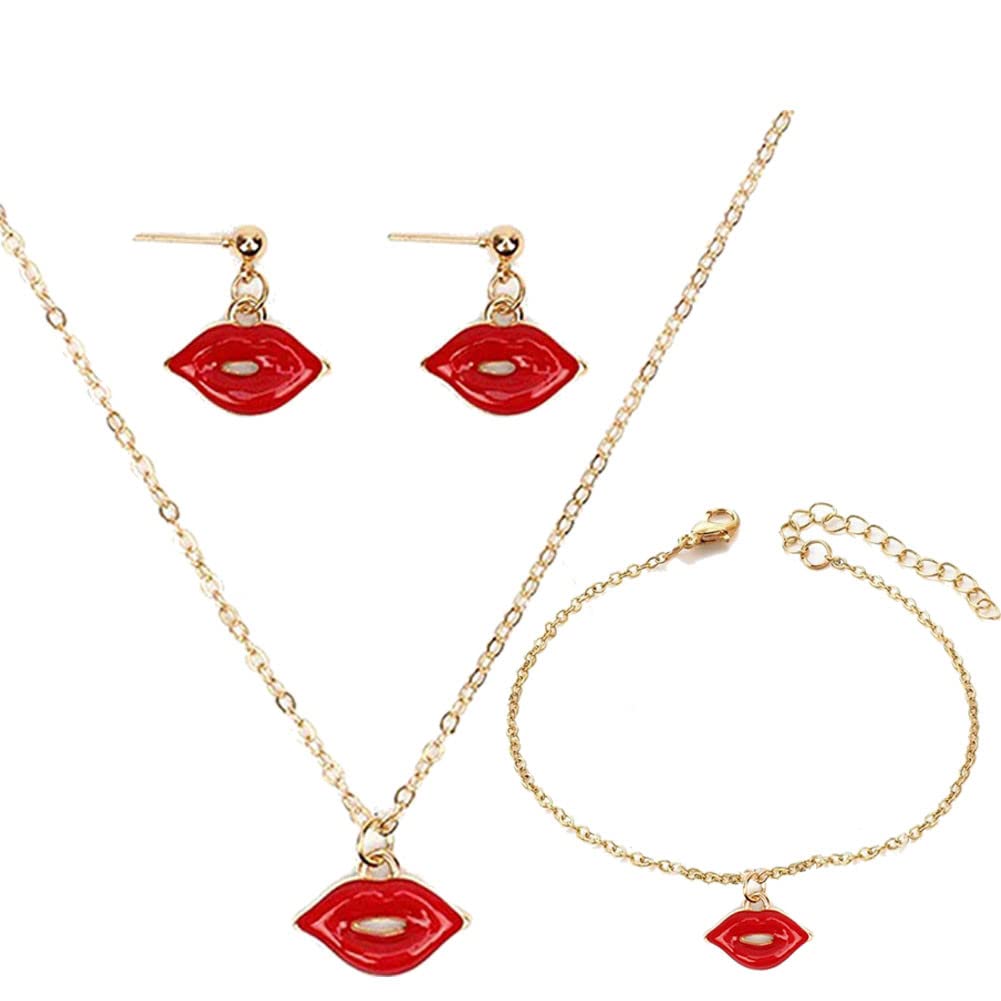 Red Lip Necklace Pendant Mouth Kiss Lips Bracelet Lip Dangle Stud Earrings Set for Women Party Jewelry